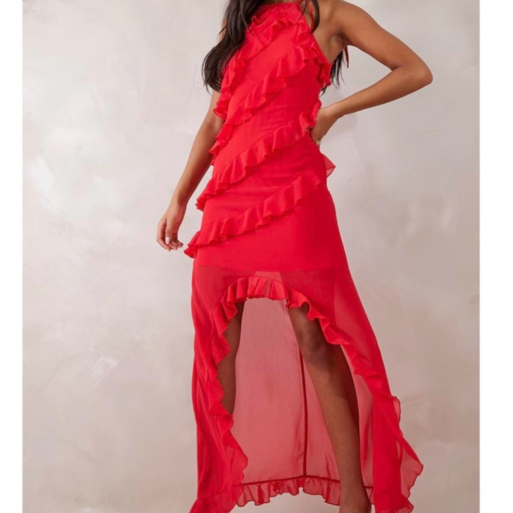 High neck red ruffle high low pretty little thing dress